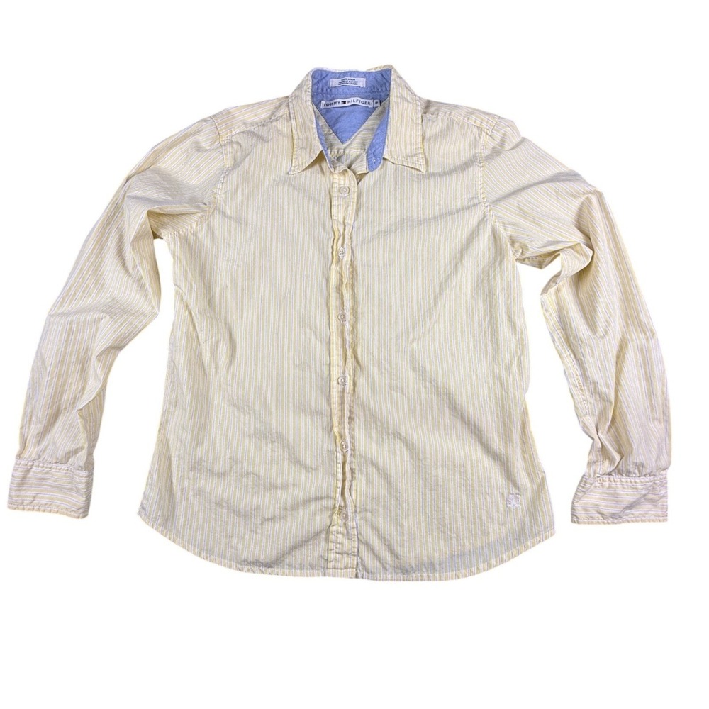 Tommy Hilfiger Women's Y2K Striped Button Down Shirt Size 8 Yellow Blue